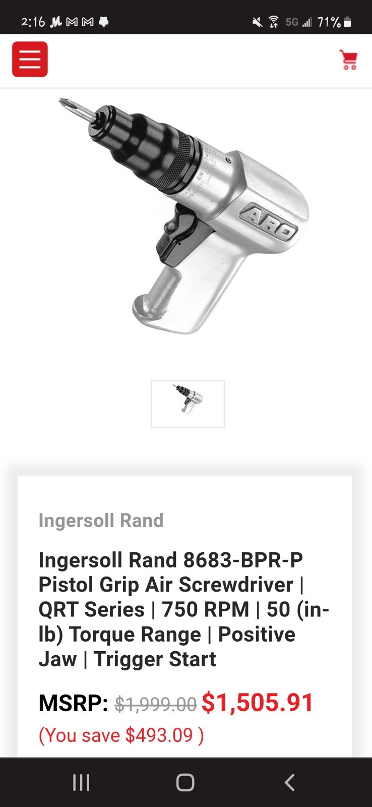 New Ingersoll Rand 8683-BPR-P Pistol Grip Air Screwdriver Tool QRT Series