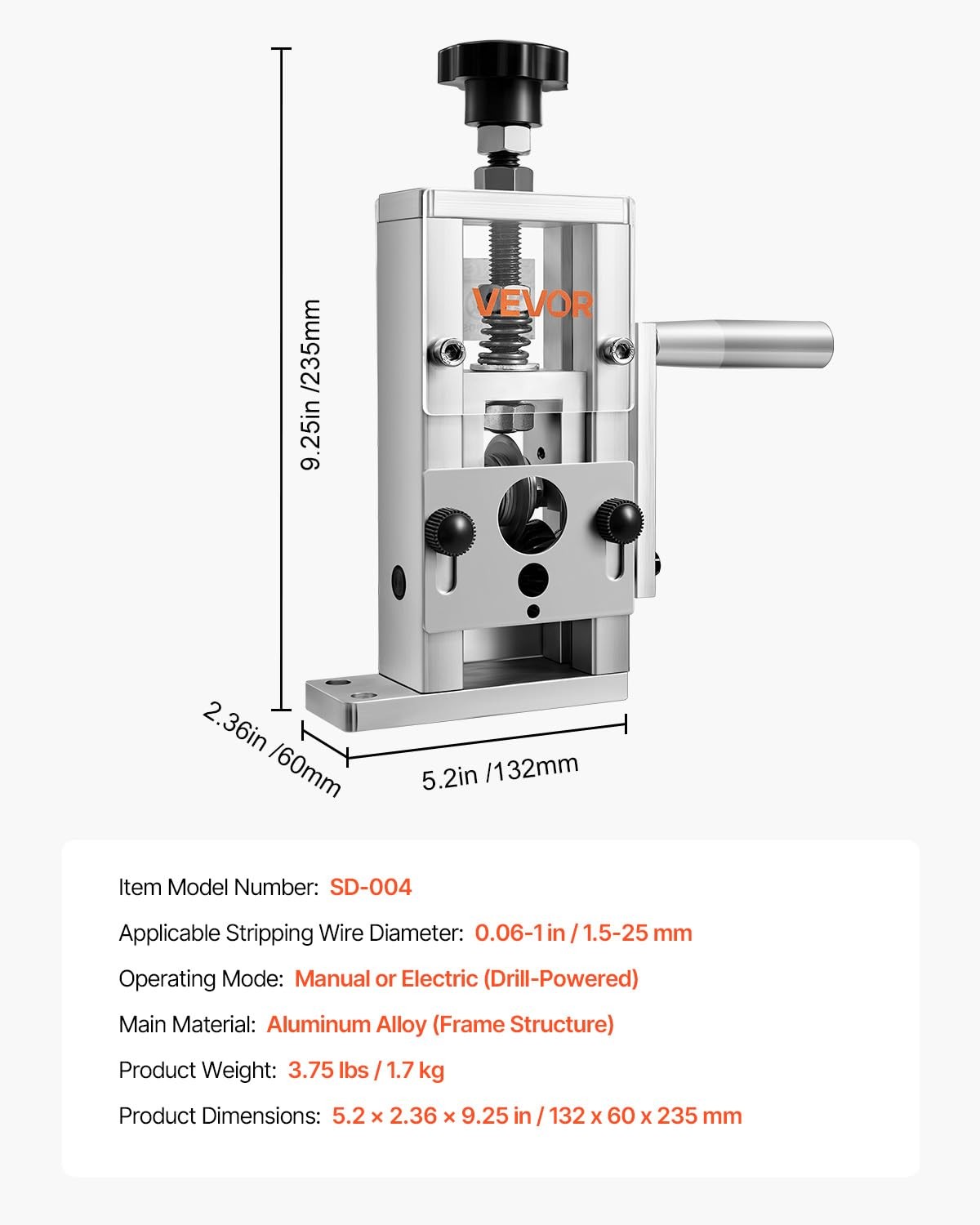 VEVOR Manual Wire Stripping Machine, 0.06-1 in, Copper Stripper with Silver