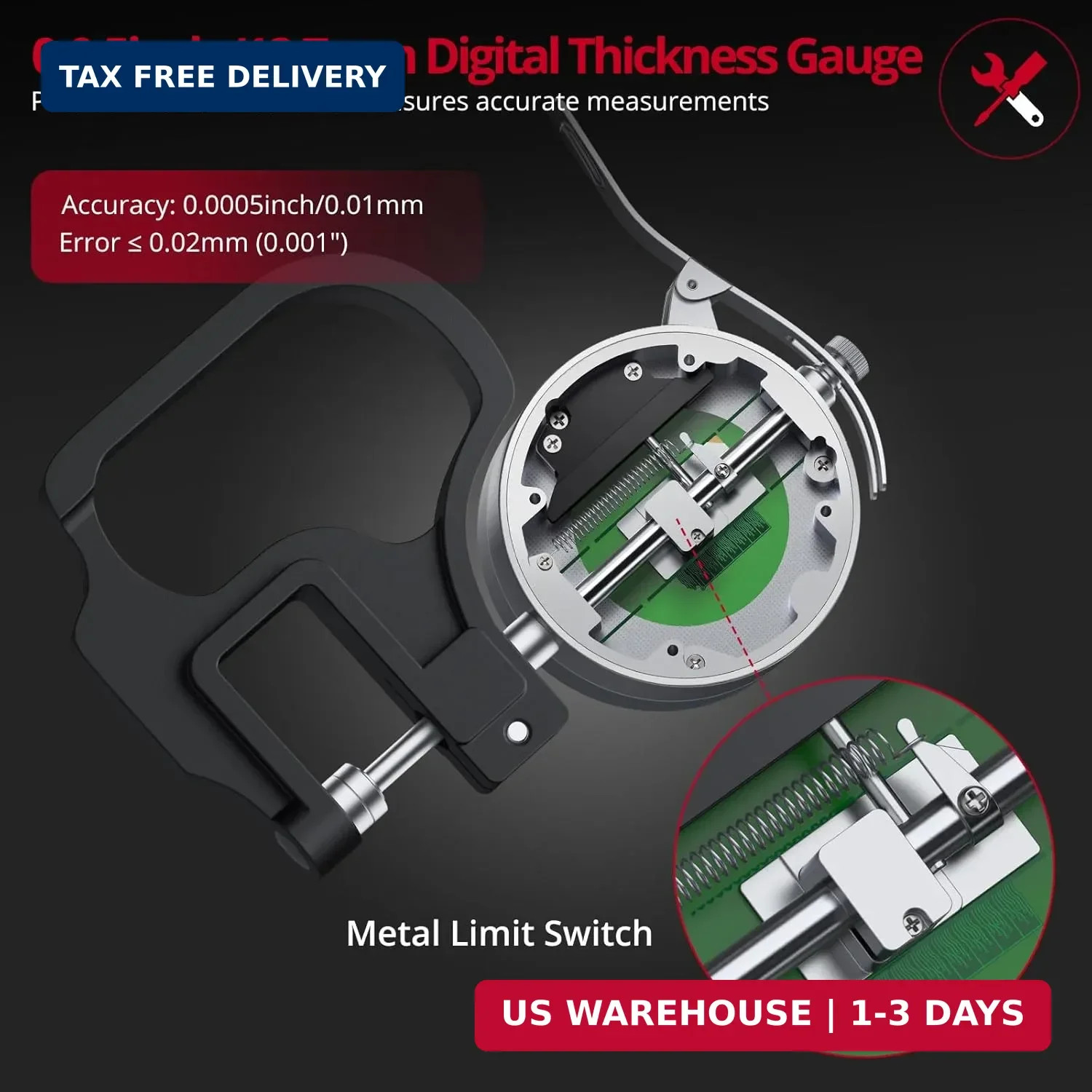 XUNTOP Digital Thickness Gauge 0.5inch/0.0005inch(12.7mm/0.01mm) Thickness Meter