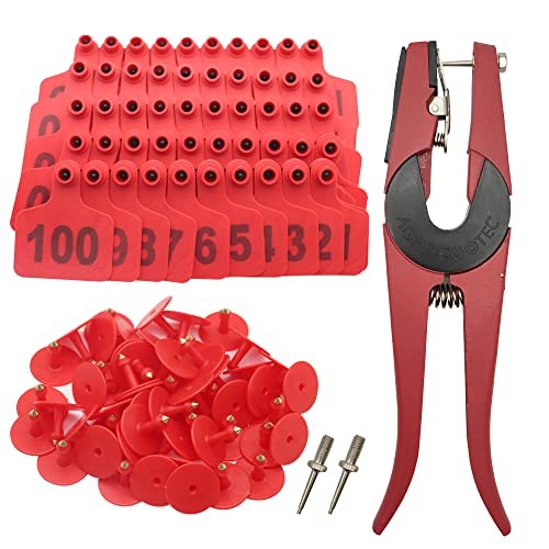 Red 001 100 Cattle Ear Tags Applicator Set