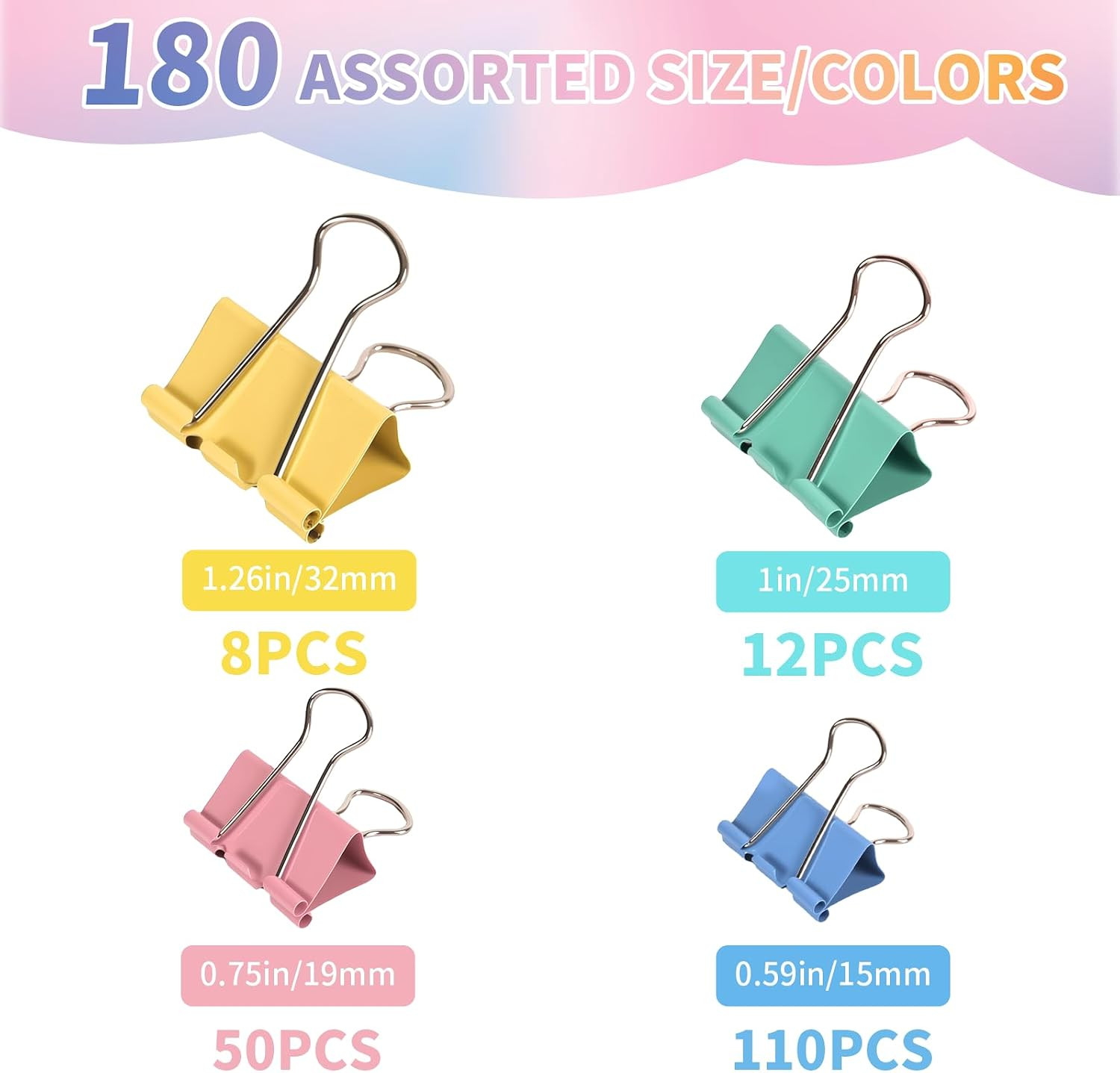 180Pcs Colorful Binder Clips Assorted Size, Metal Paper Clips for Daily Use
