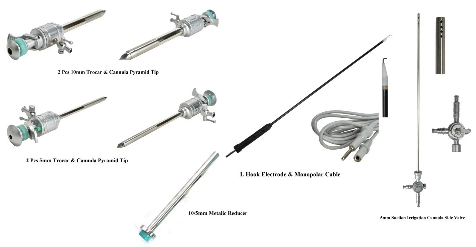 Laparoscopy Trocar Cannula 10mm 5mm Suction Hook Electrode Reducer Cable 8 Pc
