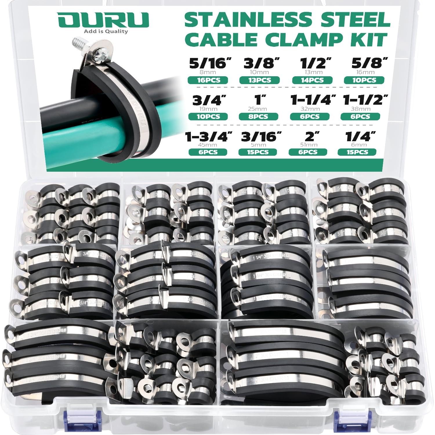 OURU 125PCS Cable Clamp,12 Sizes Stainless Steel Rubber Coated Cushioned Insu…