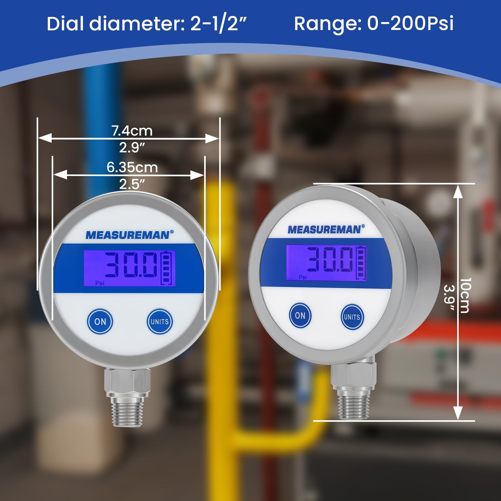 Economy Digital Pressure Gauge 2.5 Blue Backlit LCD, 0-30 PSI All Stainless S…