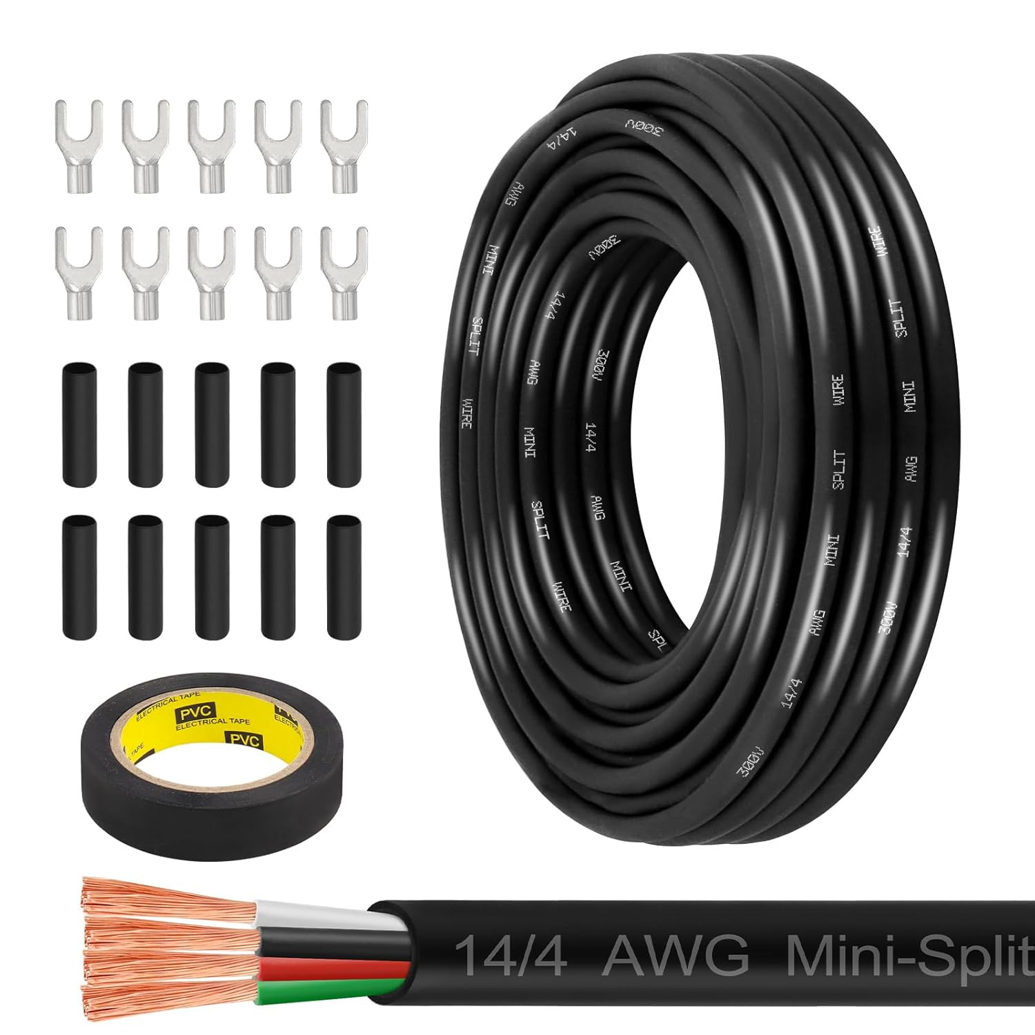 14/4 AWG Mini-Split Cable – 30FT 14 AWG 4 Conductor Control Cable 300V Stranded