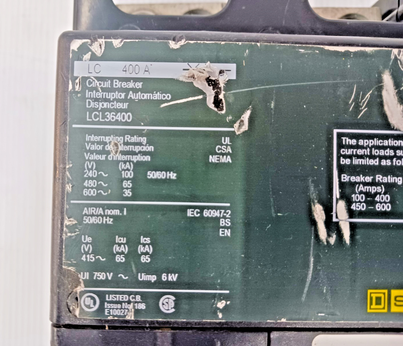 Square D 400 Amp Circuit Breaker 3 Pole 600 VAC LCL36400