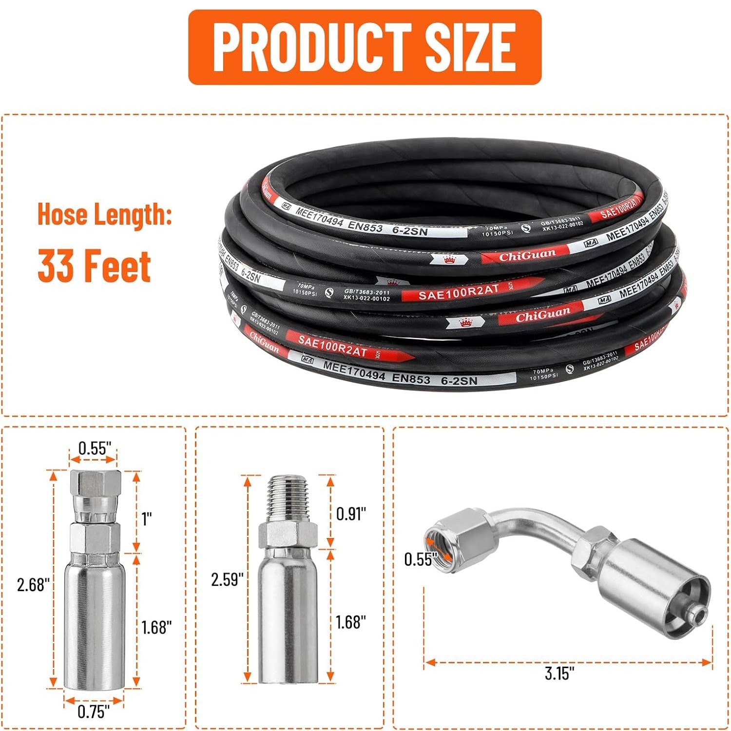 HYDRAULIC HOSE 1/4″ 33′ TWO WIRE HOSE FLEXIBLE 70MPa/ 10150 PSI WITH 16 FITTINGS