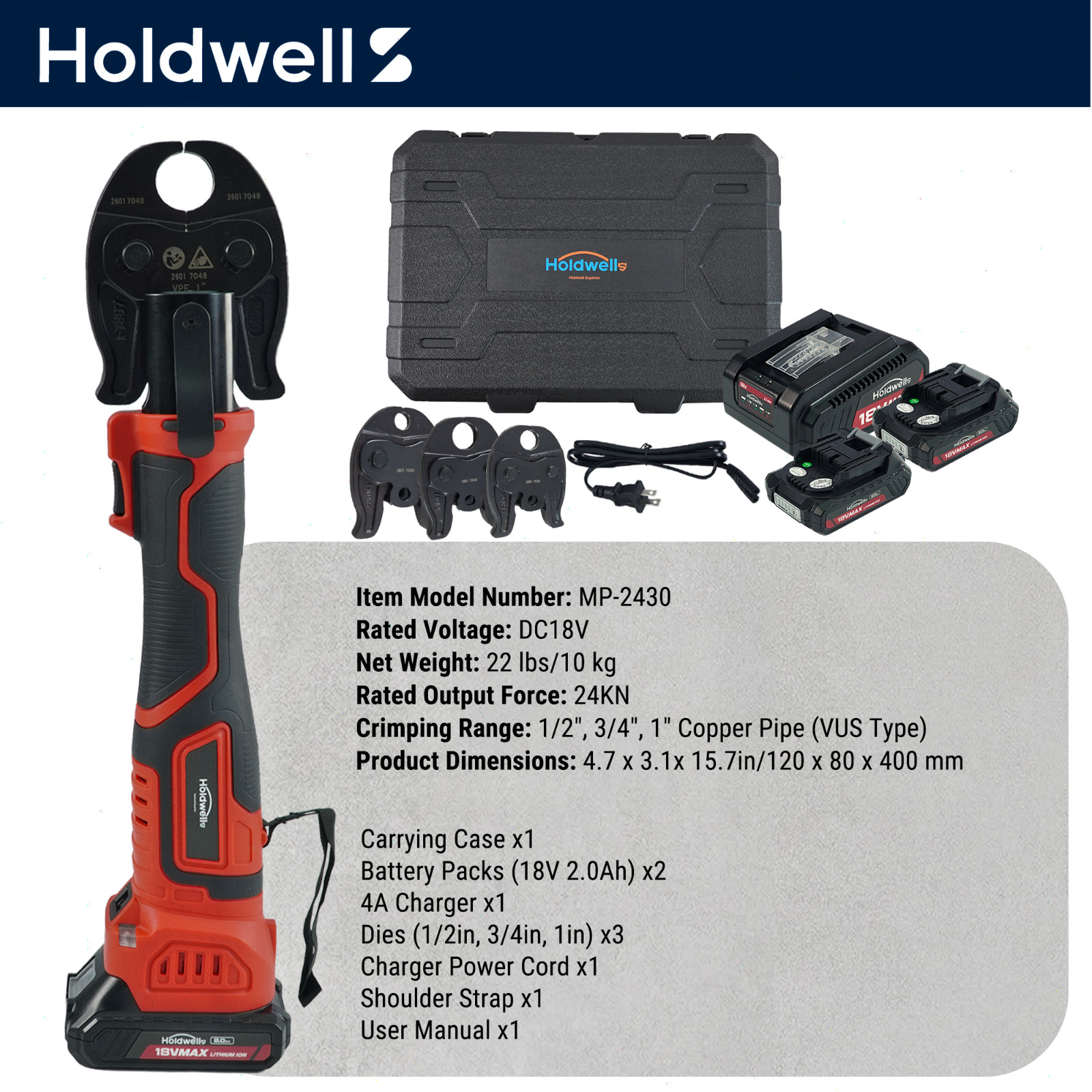 ProPress Mini Press Tool Kit, 18V Electric Pipe Crimping Tool for 1/2″, 3/4″, 1″