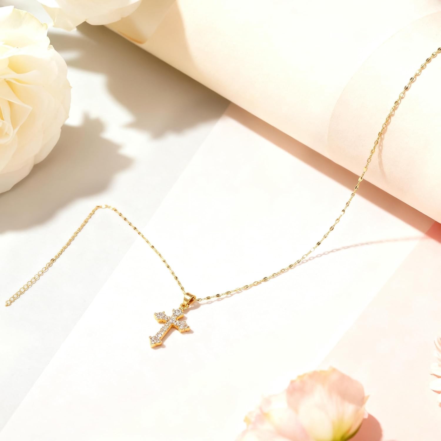 Dainty Cross Necklace Women’s 18K Gold Plated CZ Pendant Christian Faith Jewelry