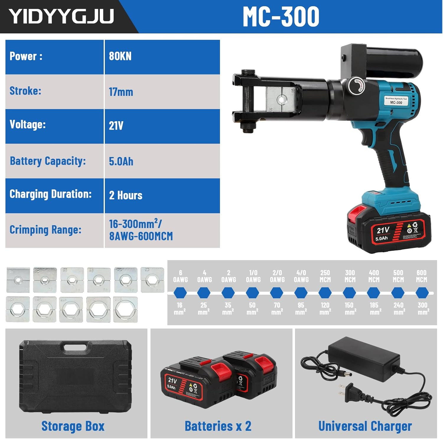 Hydraulic Crimping Tool 80KN Battery Powered 21V 5Ah Lithium-Ion 360° Rotating H