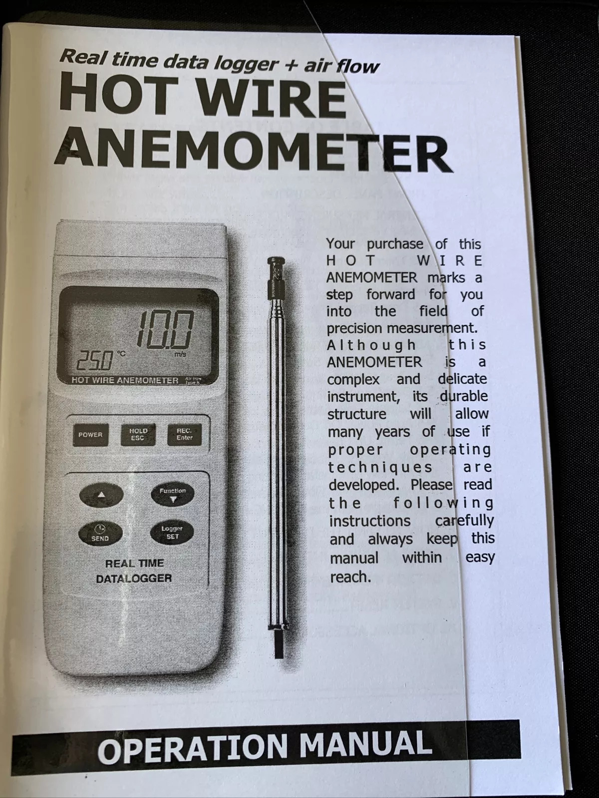 Datalogging Hot Wire Air-Flow Volume Anemometer with Type K/J Thermocouple Port