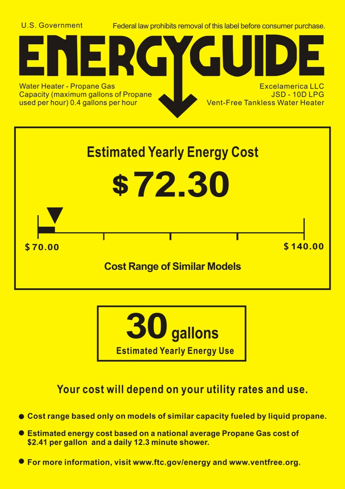 EXCEL 1.6 GPM TANKLESS GAS WATER HEATER (LOW PRESSURE STARTUP) VENTFREE (LPG)