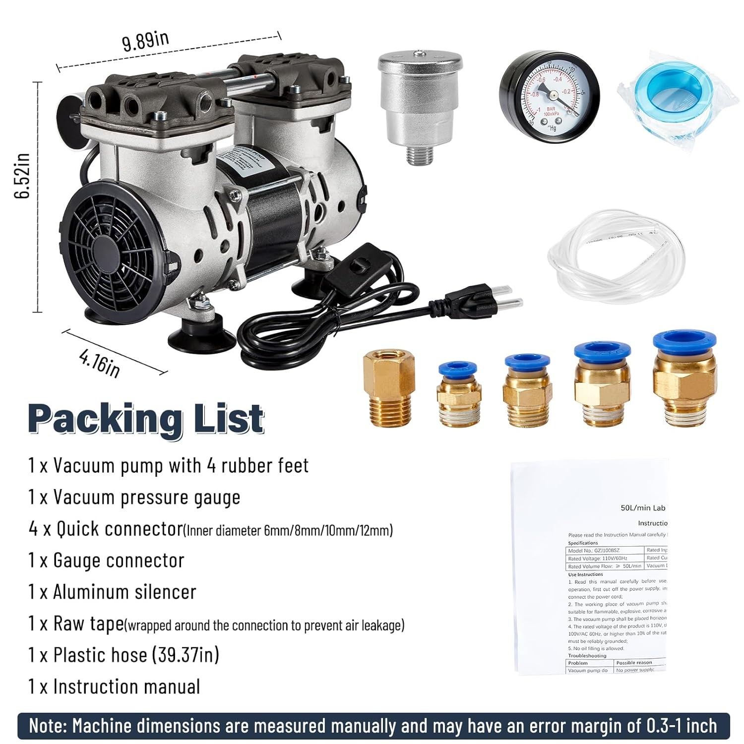 380W 85 L/min Lab Vacuum Pump Oil Free Oilless Vacuum Pump W/ Pressure Gauge New