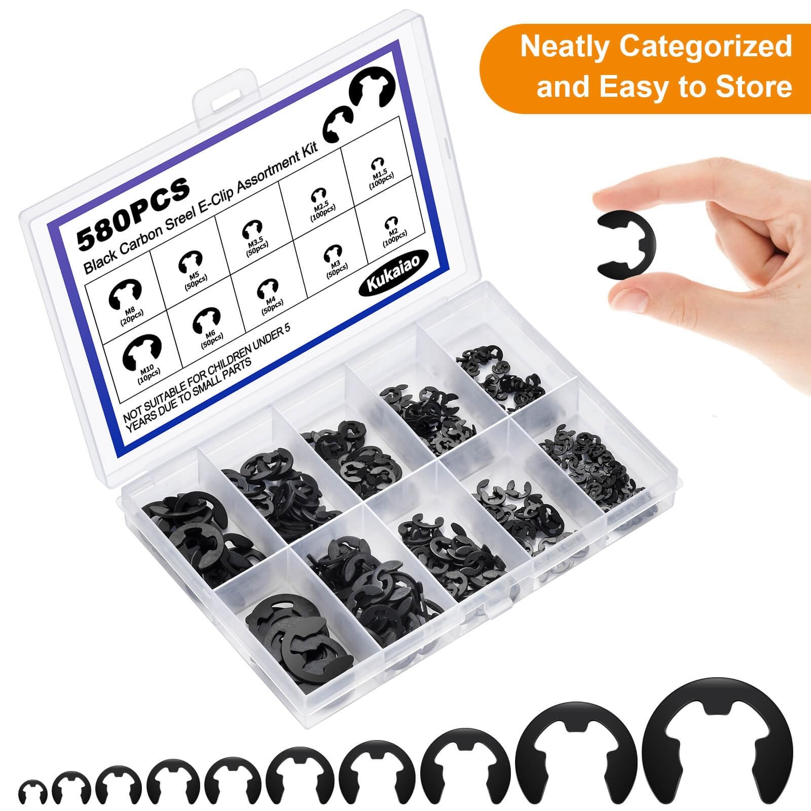 580 PCS Black Carbon Steel EClip Kit 10 Sizes Retaining Rings M1.5M10