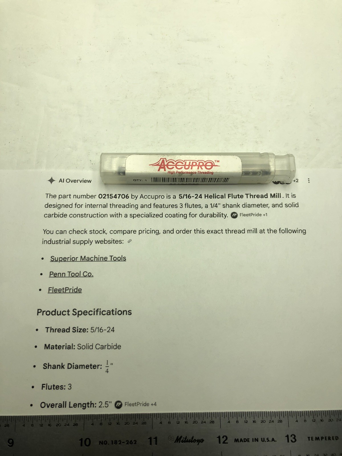 NEW Accupro 5/16-24 UN Solid Carbide Thread Mill – TiAlN Coated EDP#02154706.