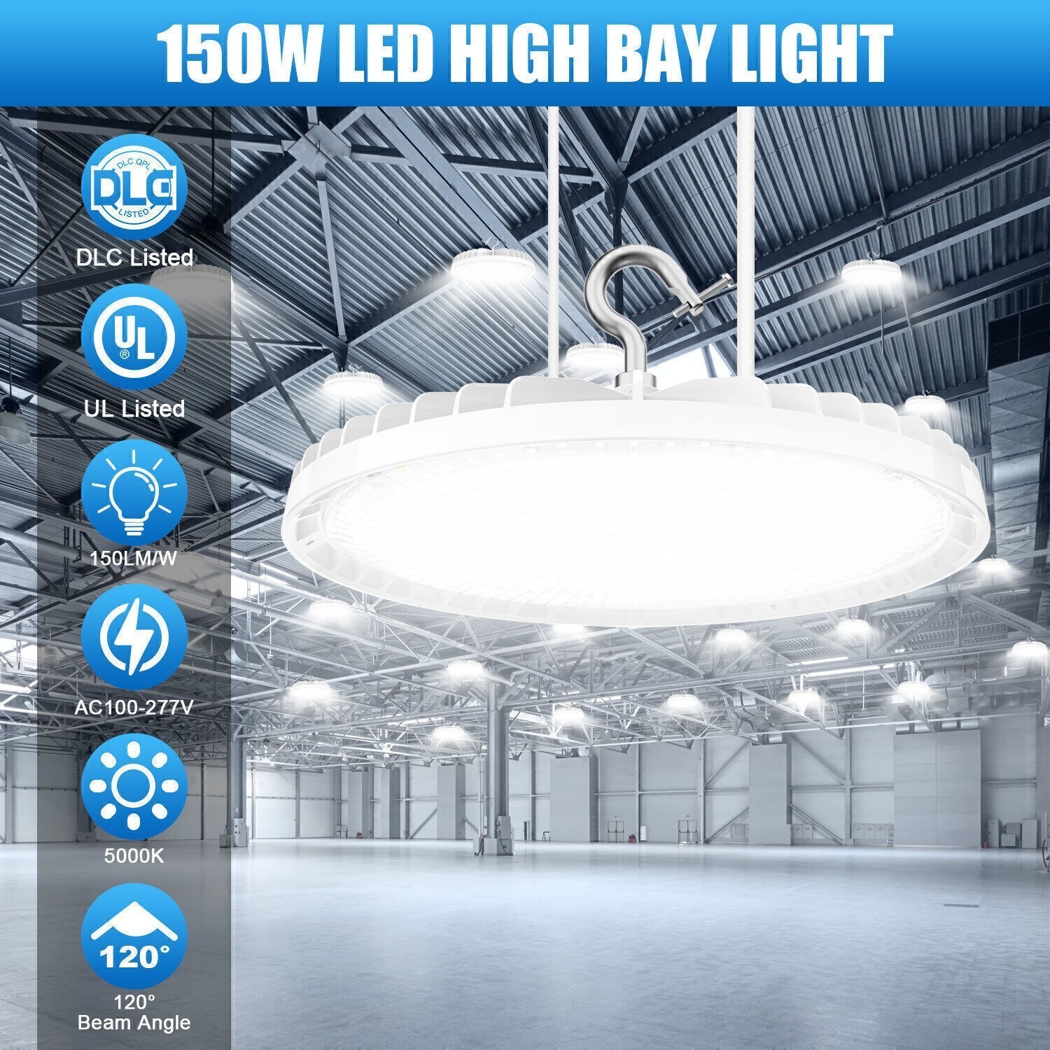 6Pack 150W UFO Led High Bay Light Commercial Warehouse Shop Fixture 22,500LM