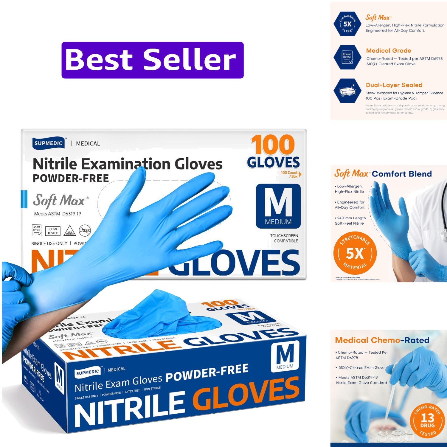 Medical Soft Max Nitrile Exam Gloves, 100 Count Latex-Free Powder-Free Non-St…