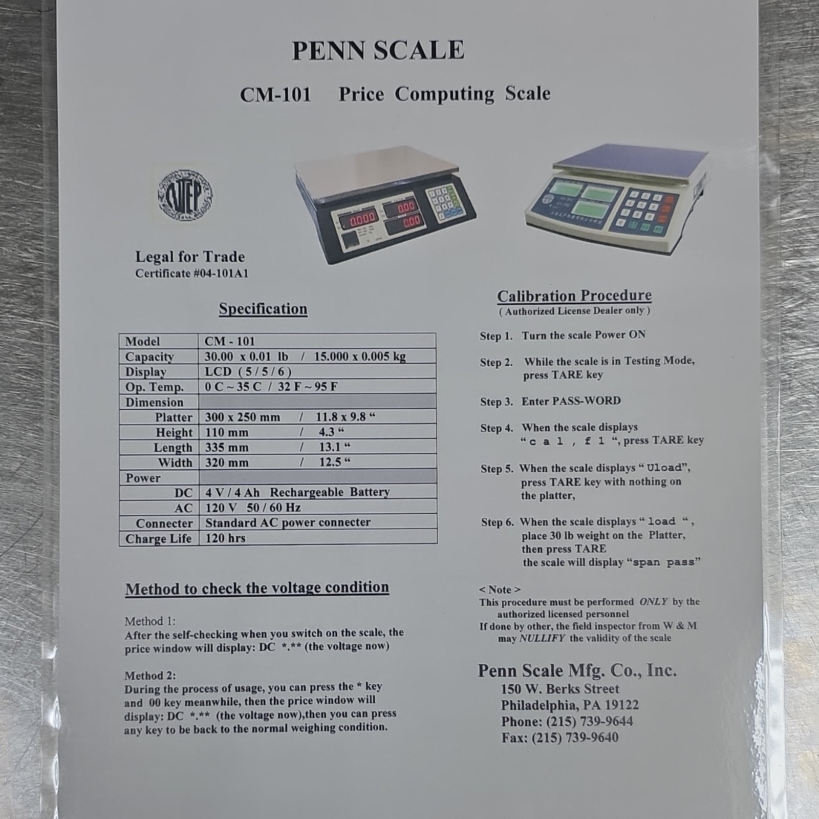 Penn Scale CM-101 30 lb Digital Price Computing Legal for Trade Scale