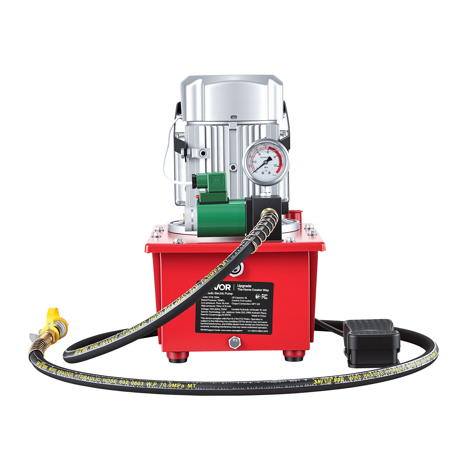 VEVOR Electric Hydraulic Pump 750W 10000 PSI Single Acting Solenoid Valve Pedal