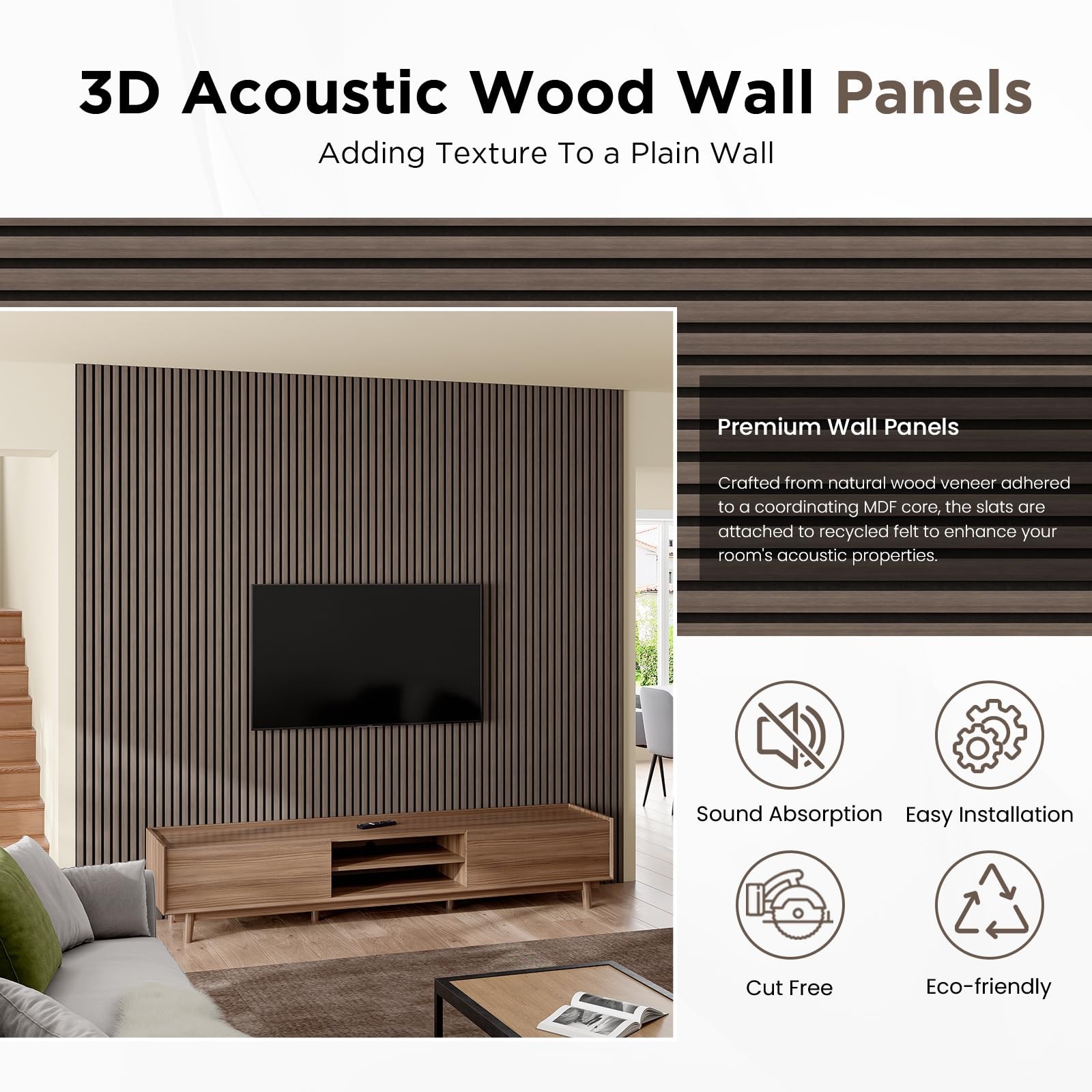 SMARTSTANDARD Wood Slat Acoustic Wall Panels 94.5″ x 48″, Classic Dark Walnut