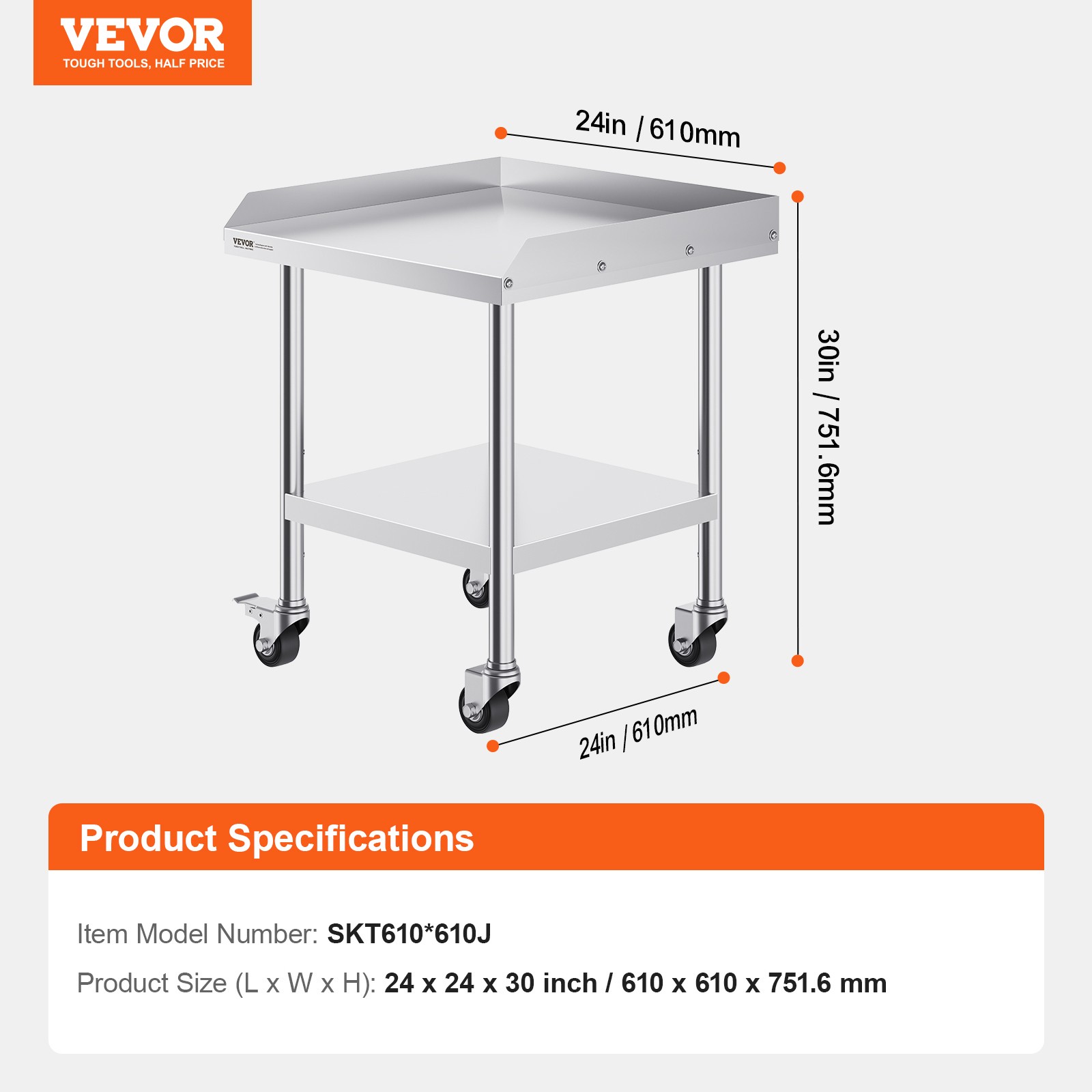 VEVOR Stainless Steel Work Table 24″x24″ Commercial Food Prep Table W/ 4 Casters