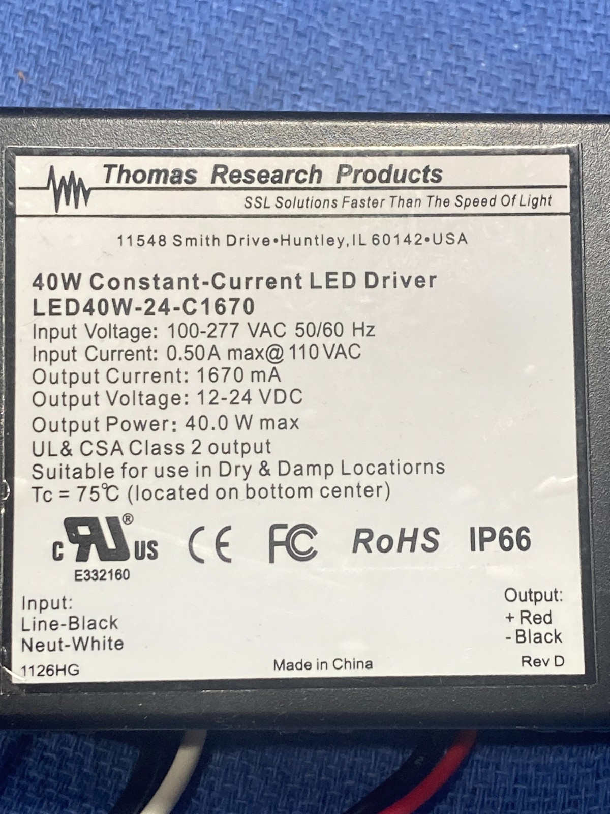 THOMAS RESEARCH LED40W-24-C1670 CONSTANT-CURRENT LED DRIVER, 40W, 12-24VDC