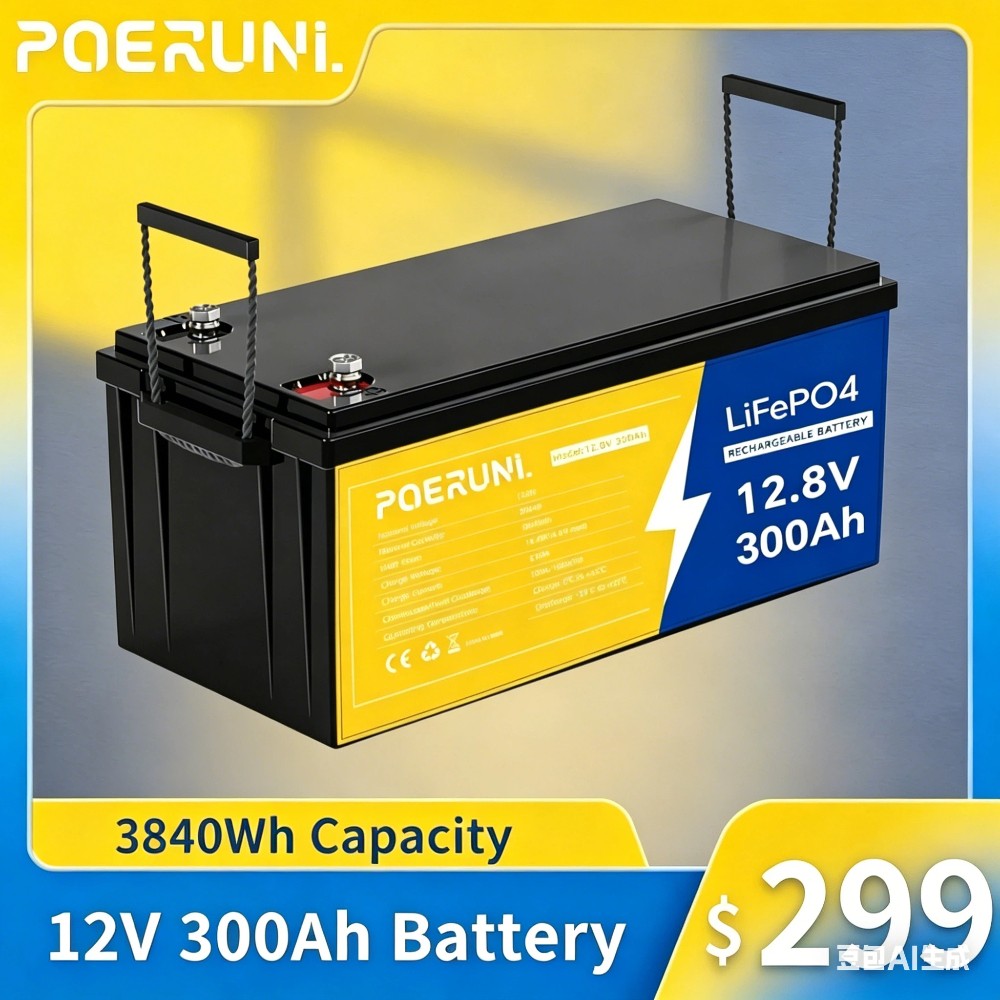 POERUNI 12V 300Ah LiFePO4 Battery 4000+ Deep Cycles 3840Wh 200A BMS for RV Solar