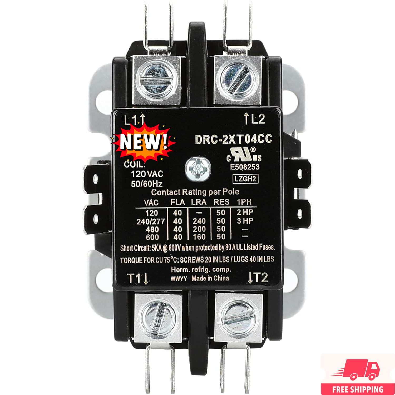 Contactor bipolar de 40 amperios, bobina de 120 V, homologado por UL. Contactor