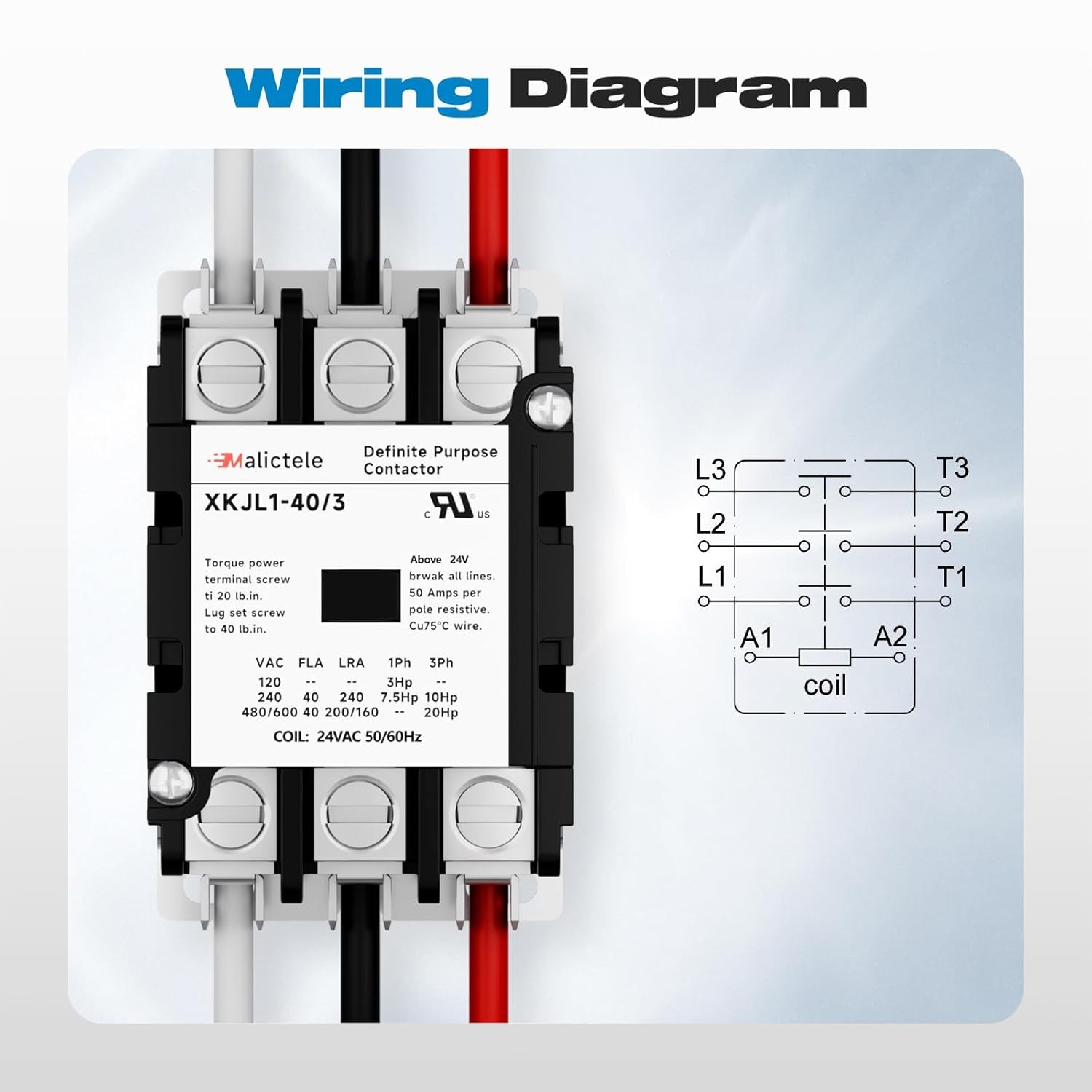 AC Contactor, 3 Pole 40 Amp 24v Coil A2L Compliant Heavy Du Size: 3P 40A 24VAC