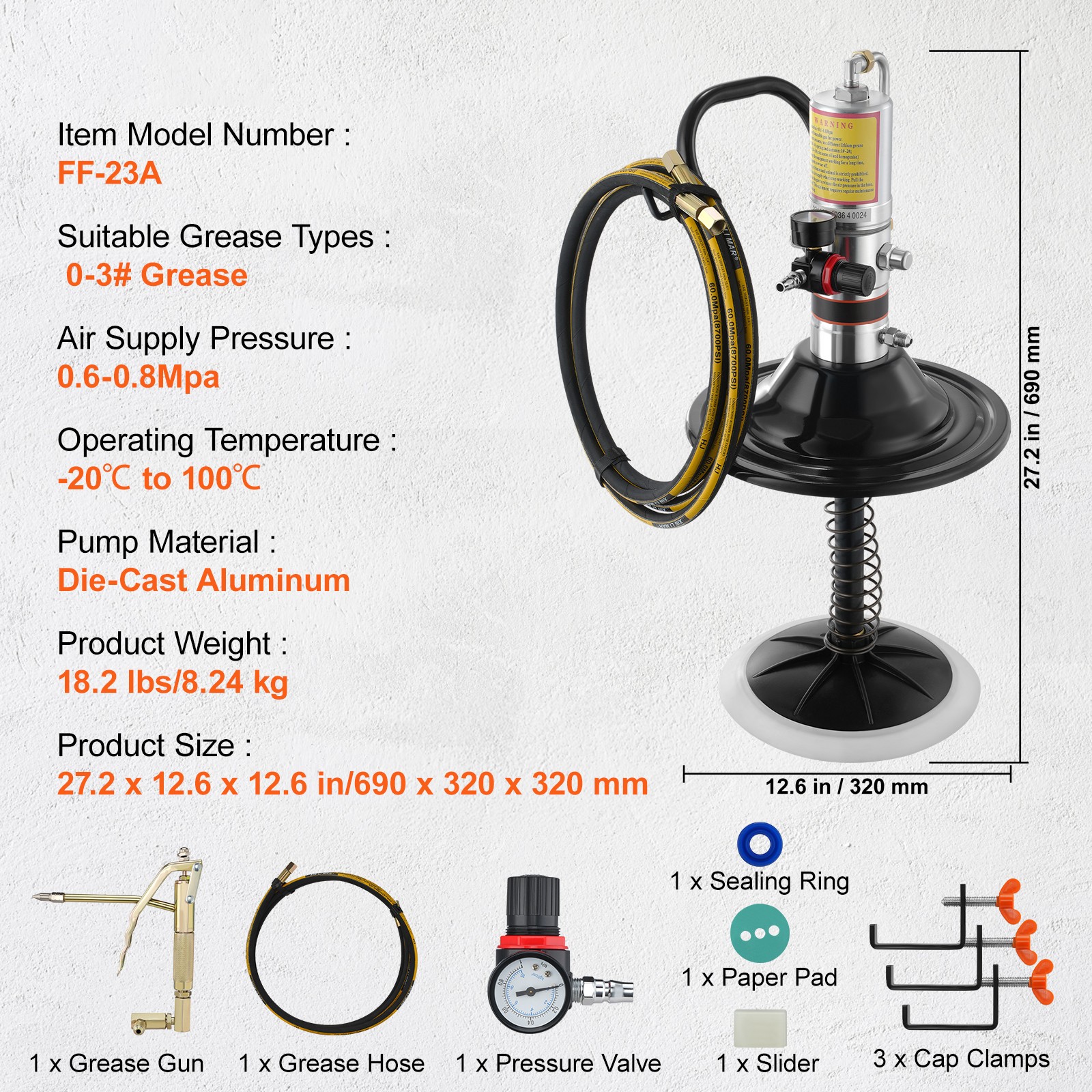VEVOR Grease Pump Air Operated Grease Pump 0.6-0.8Mpa 13 ft Hose with Barrel Cap