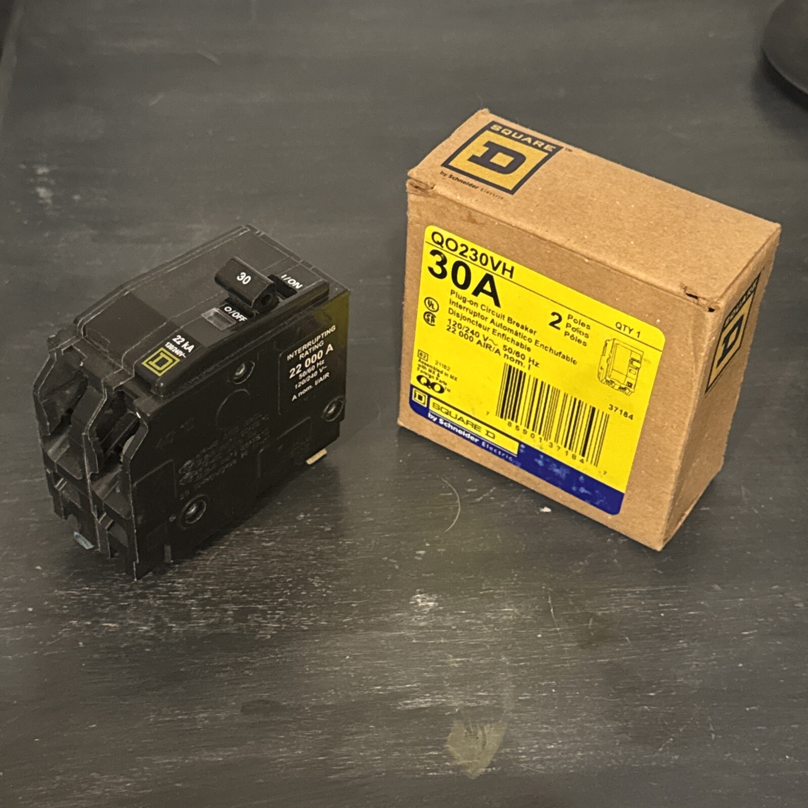 New Square D QO230VH 2 Pole 240V 22kA Snap-in Miniature Circuit Breaker.