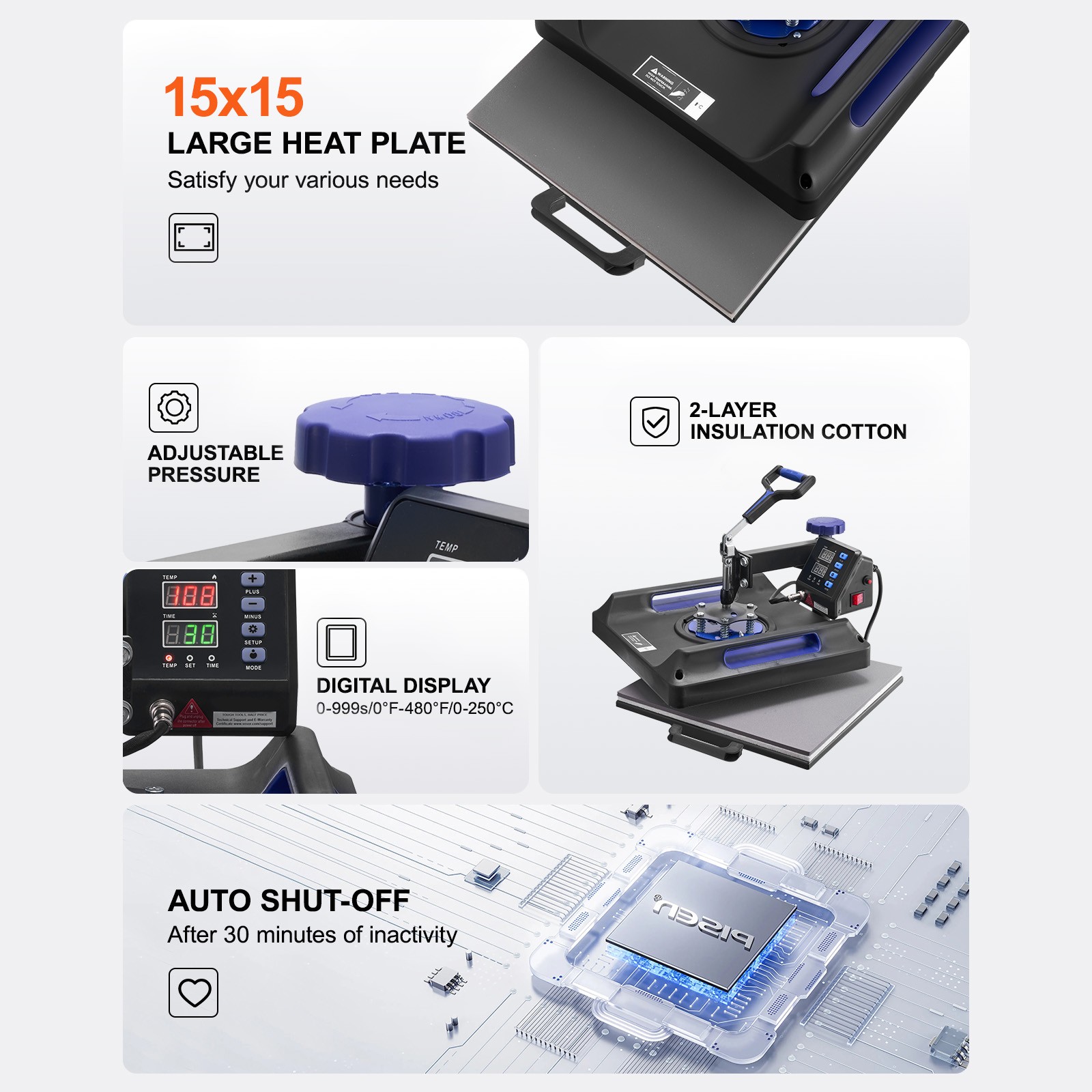 VEVOR Heat Press Machine 15×15 in with 30oz Tumbler Press T-Shirts Black+Blue