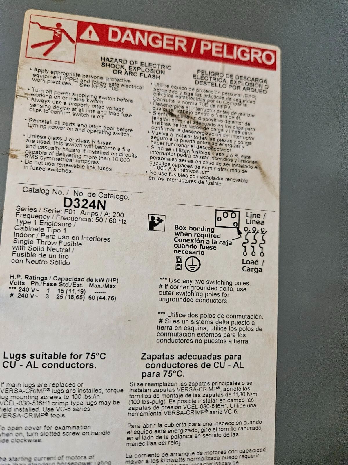 D324N Square D Switch 200 AMP 240 volt Fused Fusible Disconnect*NEXT DAY OPTION*