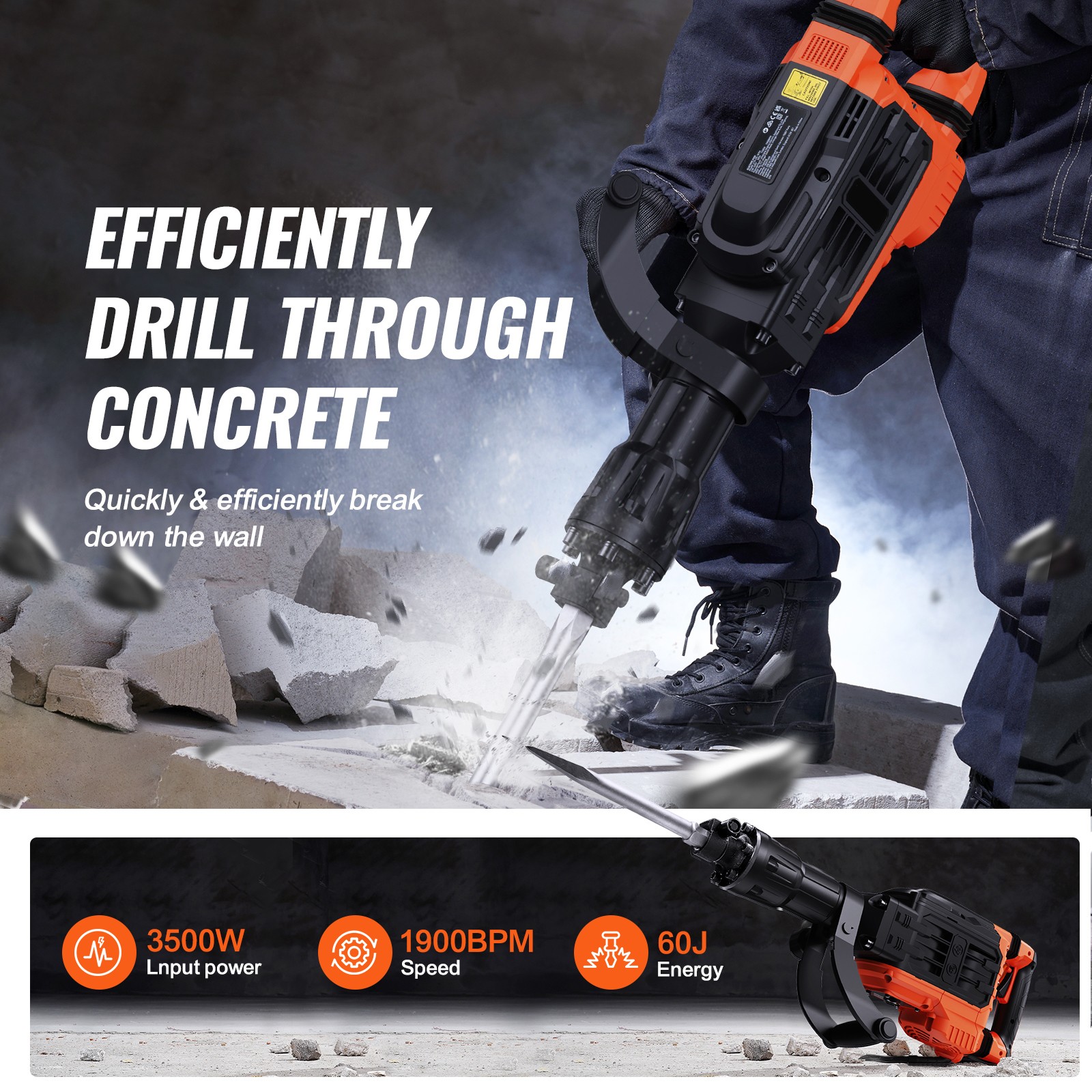 VEVOR Demolition Jack Hammer Concrete Breaker 3500W Electric 2 Chisel Bits Black
