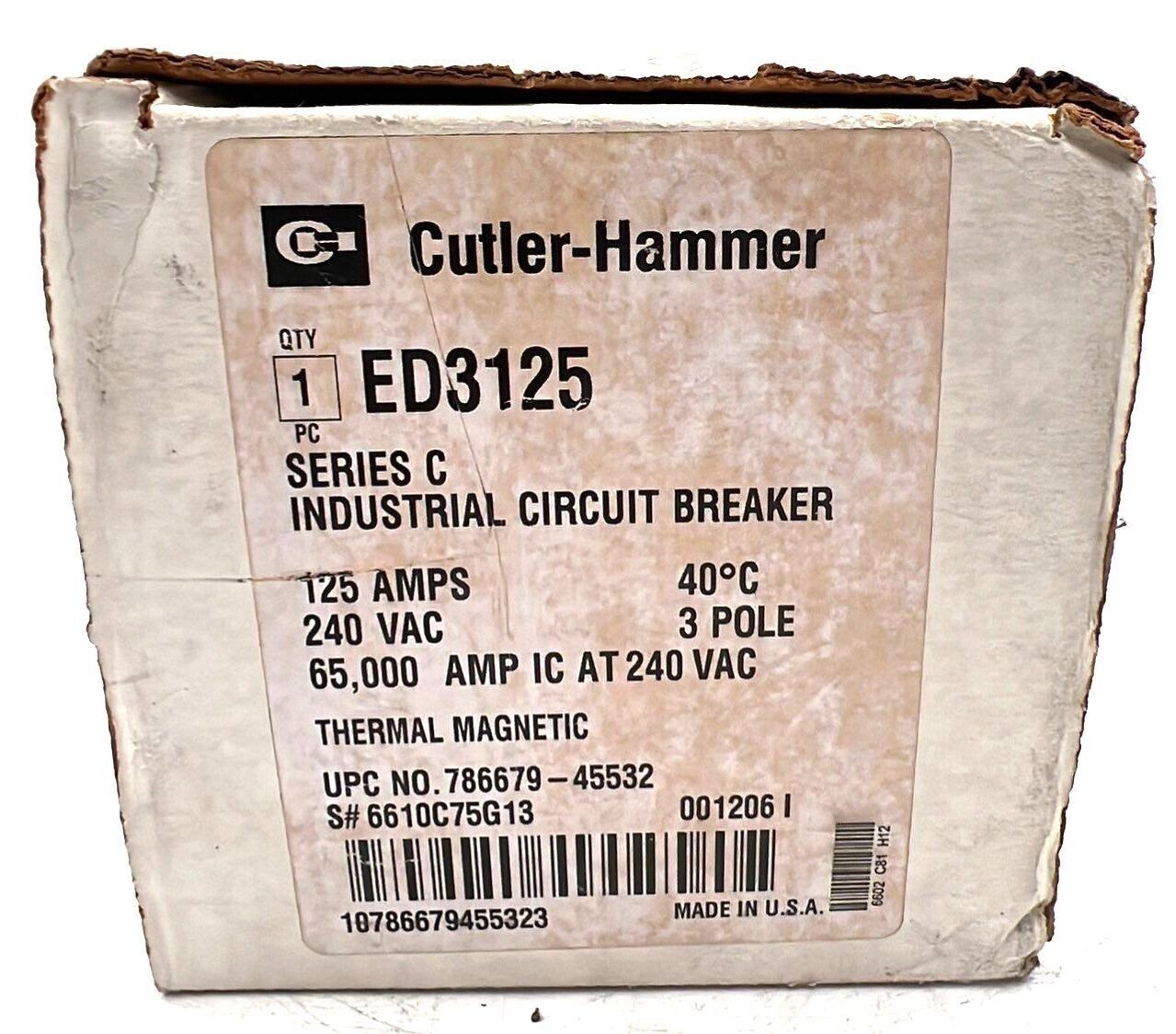 Cutler-Hammer ED3125 Circuit Breaker 125A 3P 240V ED 65k 125 Amp 3 Pole New