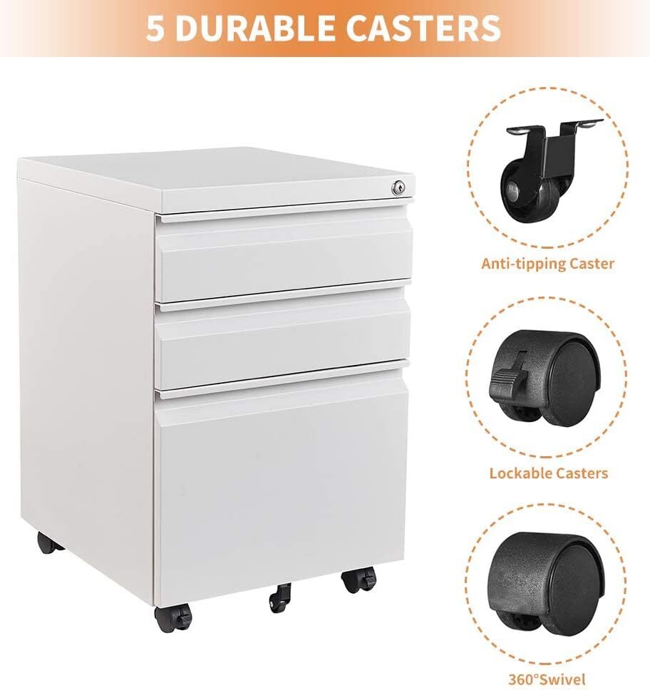 3 Drawer File Cabinet with Lock,Office Rolling Filing Cabinet Storage Under Desk