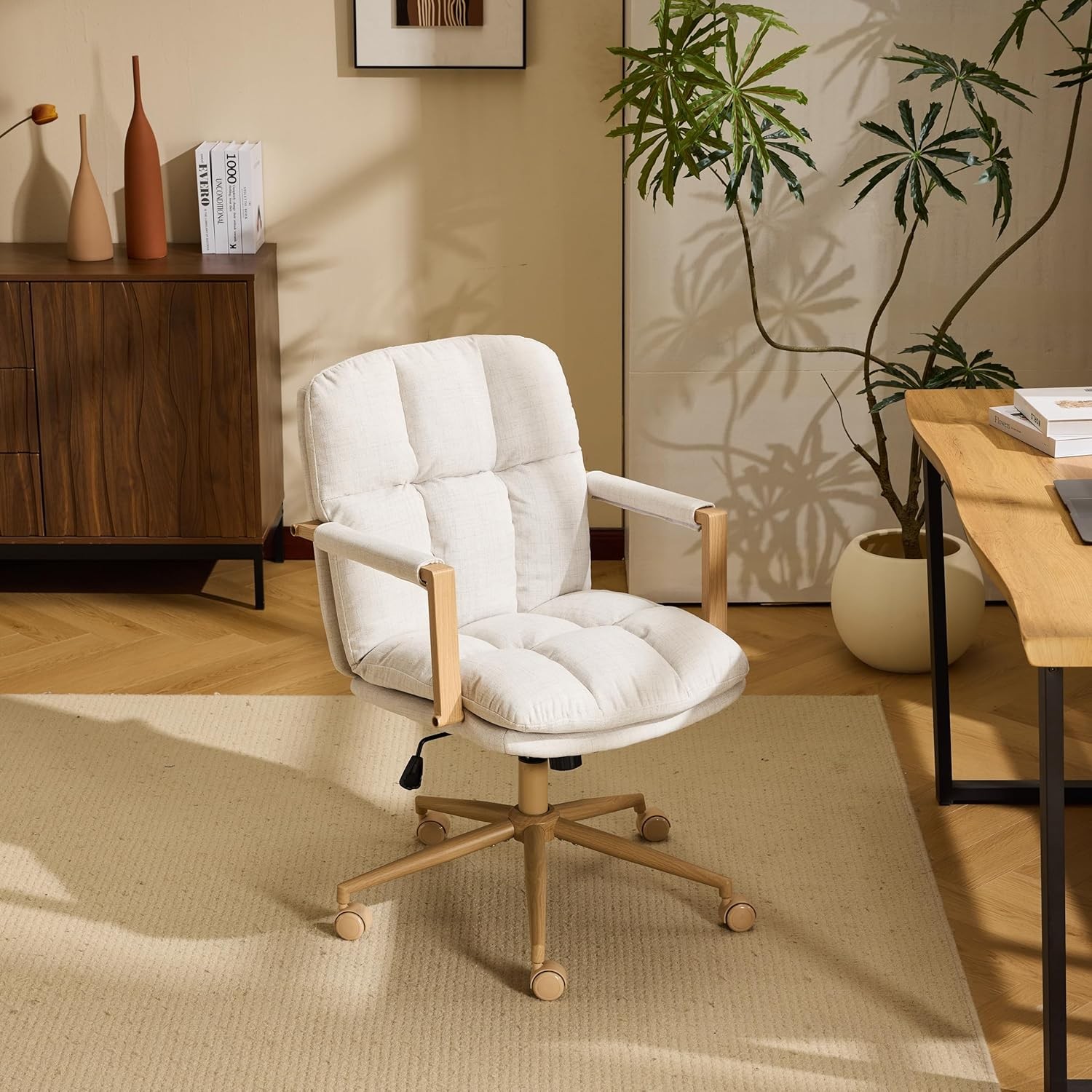 Comfy Linen Office Desk Chair with Wheels & Detachable Cushions & Wood-Like