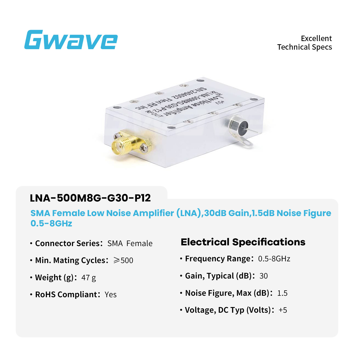 SMA Female Low Noise Amplifier (LNA), 30dB Gain, 1.5dB Noise Figure, 0.5 – 8GHz