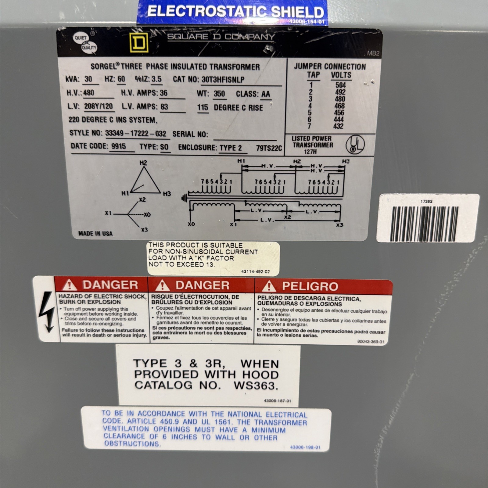 Square D 30kVA 480V Transformer 3PH 60HZ 208Y/120V 30T3HFISNLP 🟦