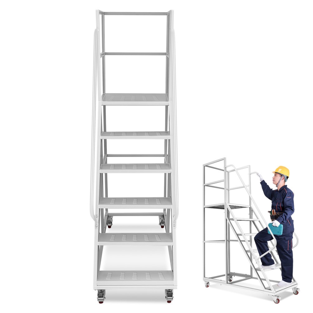 6 Step Rolling Warehouse Step Ladder, Movable Platform Ladder with Locking Wheel