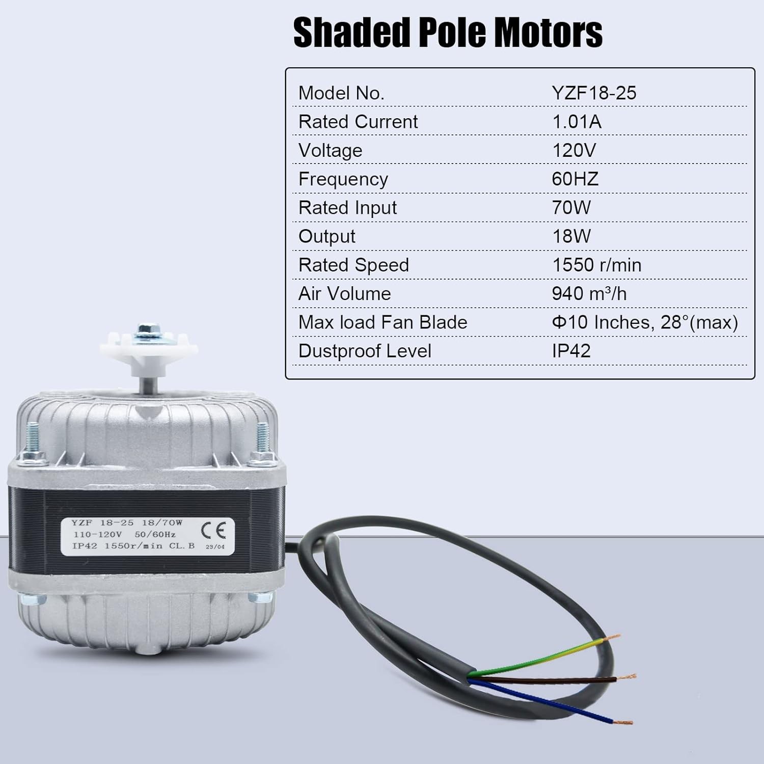 YZF18-25 Shaded Pole Motor, 120V 60HZ 18W 1.01A 1550 R/Min, with Single Phase, 4
