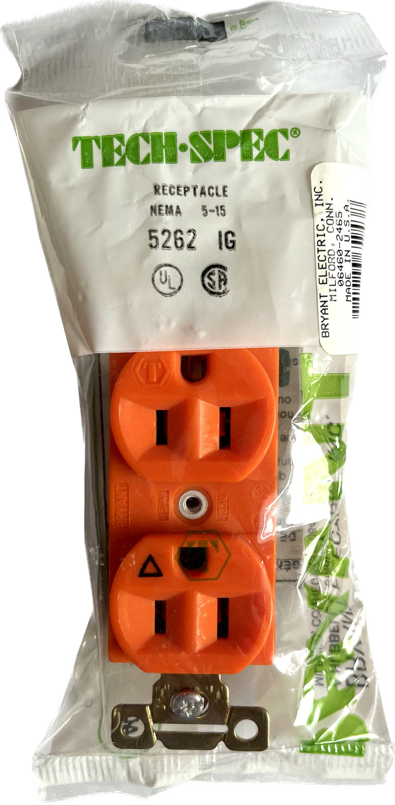 BRYANT 5262-IG 2P3W, 15A, 125V, 5-15R, Duplex, Back & Side Wired, Orange