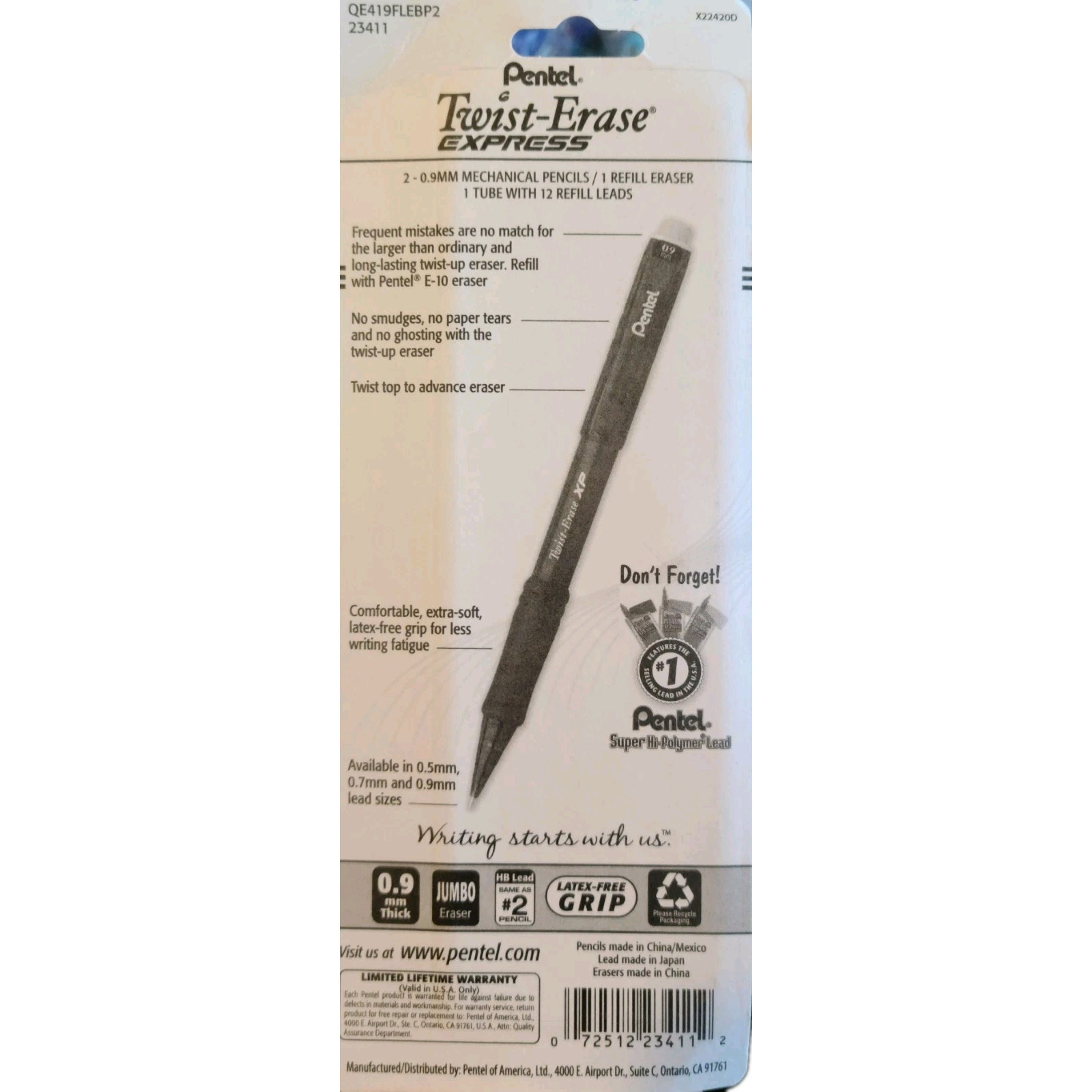 Pentel Twist-Erase Express Mechanical Pencil w/Lead & Jumbo Eraser Refills, 0.9