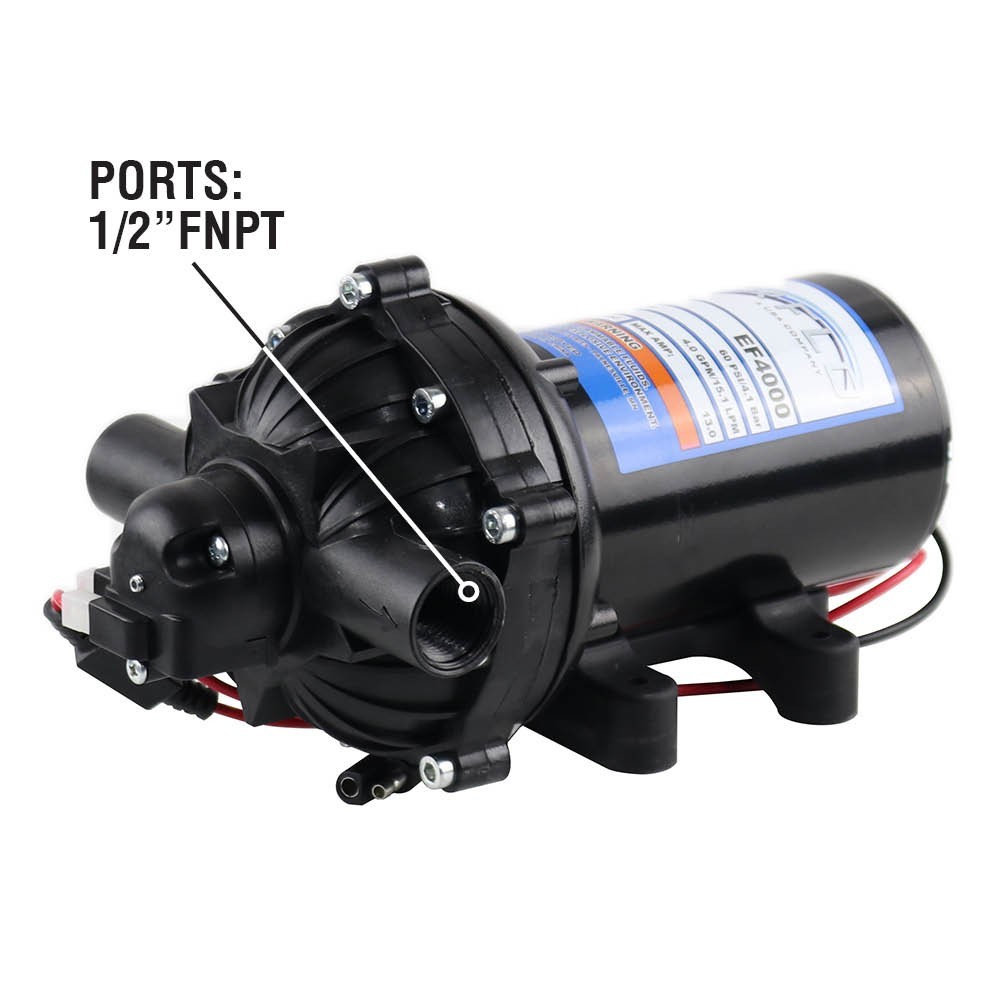 Everflo EF4000 12V Diaphragm Sprayer Pump – 4.0GPM, 60 PSI Max, 1/2″ FNPT Ports