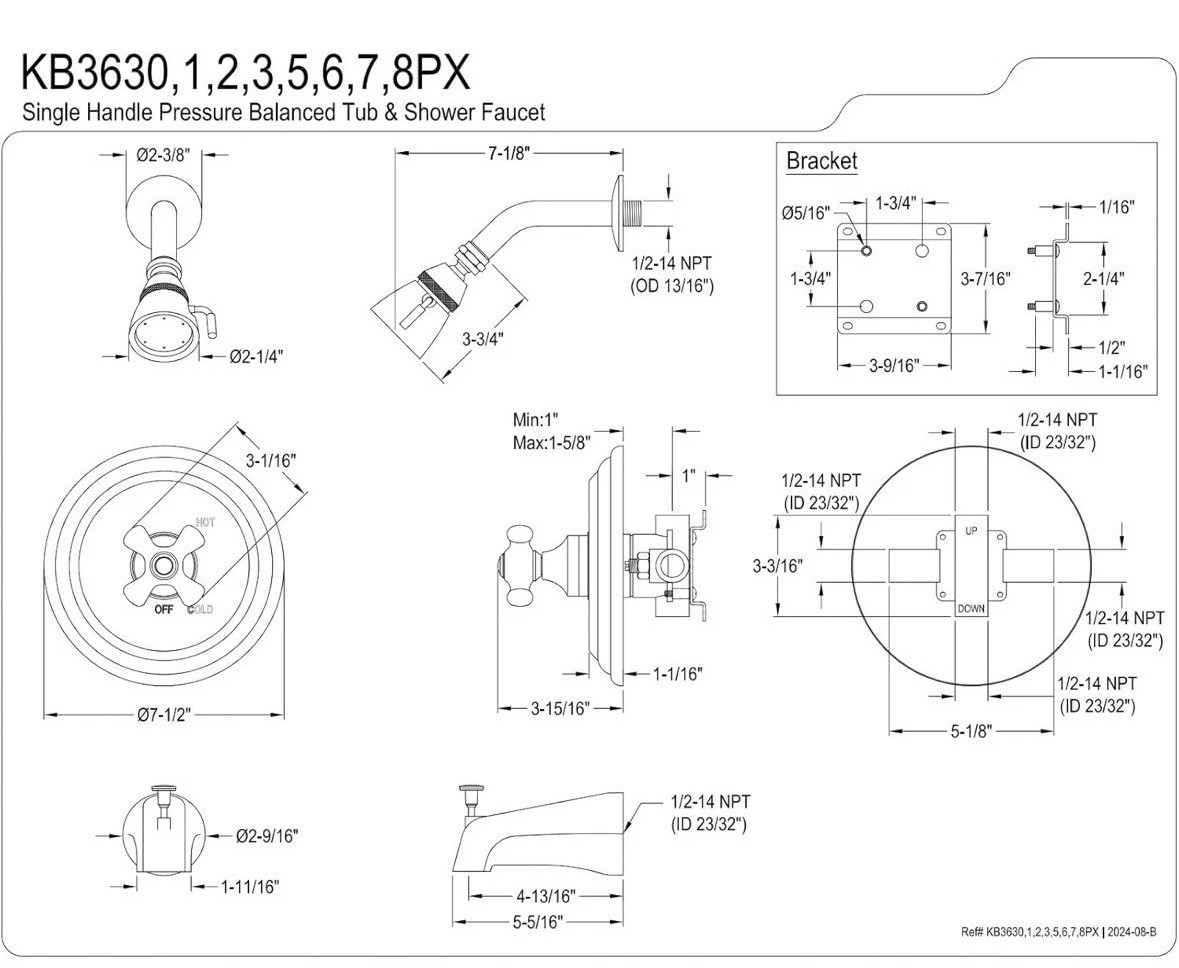 Kingston Brass KB3631PX Restoration Tub and Shower Faucet with Porcelain Cross