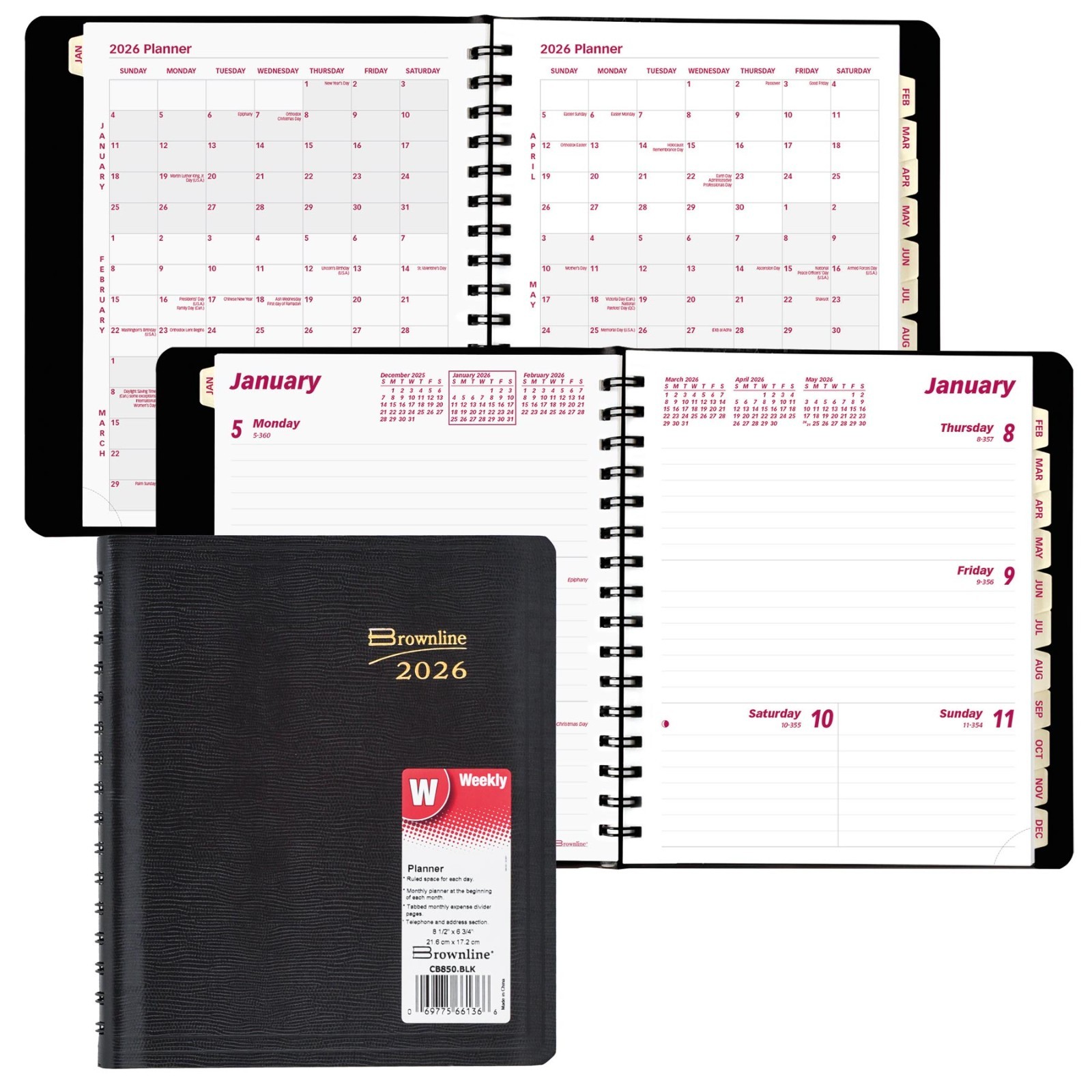 2026 Brownline CB850.BLK Weekly Planner, Twin Wire Binding, 8-1/2 x 6-3/4″
