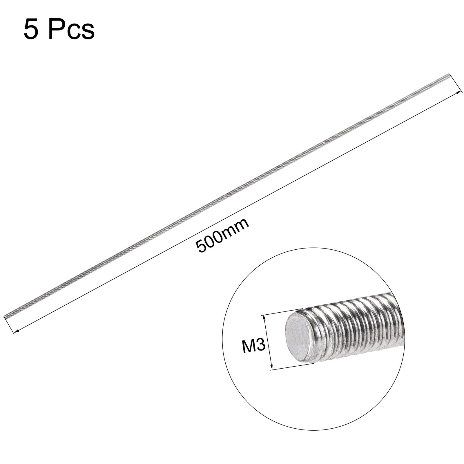 5Pcs M3 x 500mm Fully Threaded Rod Stainless Steel Right Hand Threads
