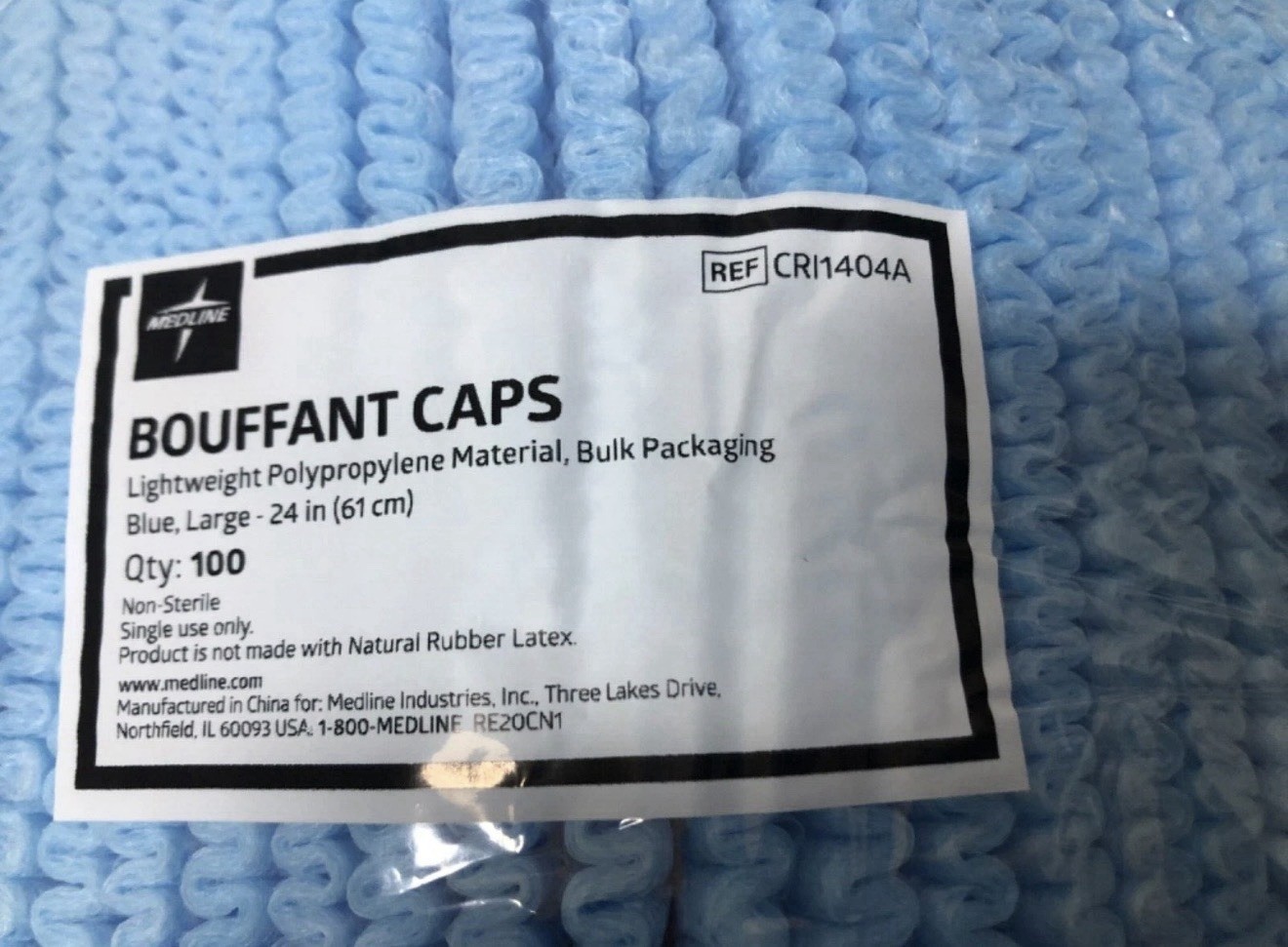 100 Count – Medline 24″ Blue Bouffant Cap Non Woven Disposable Hairnet Large