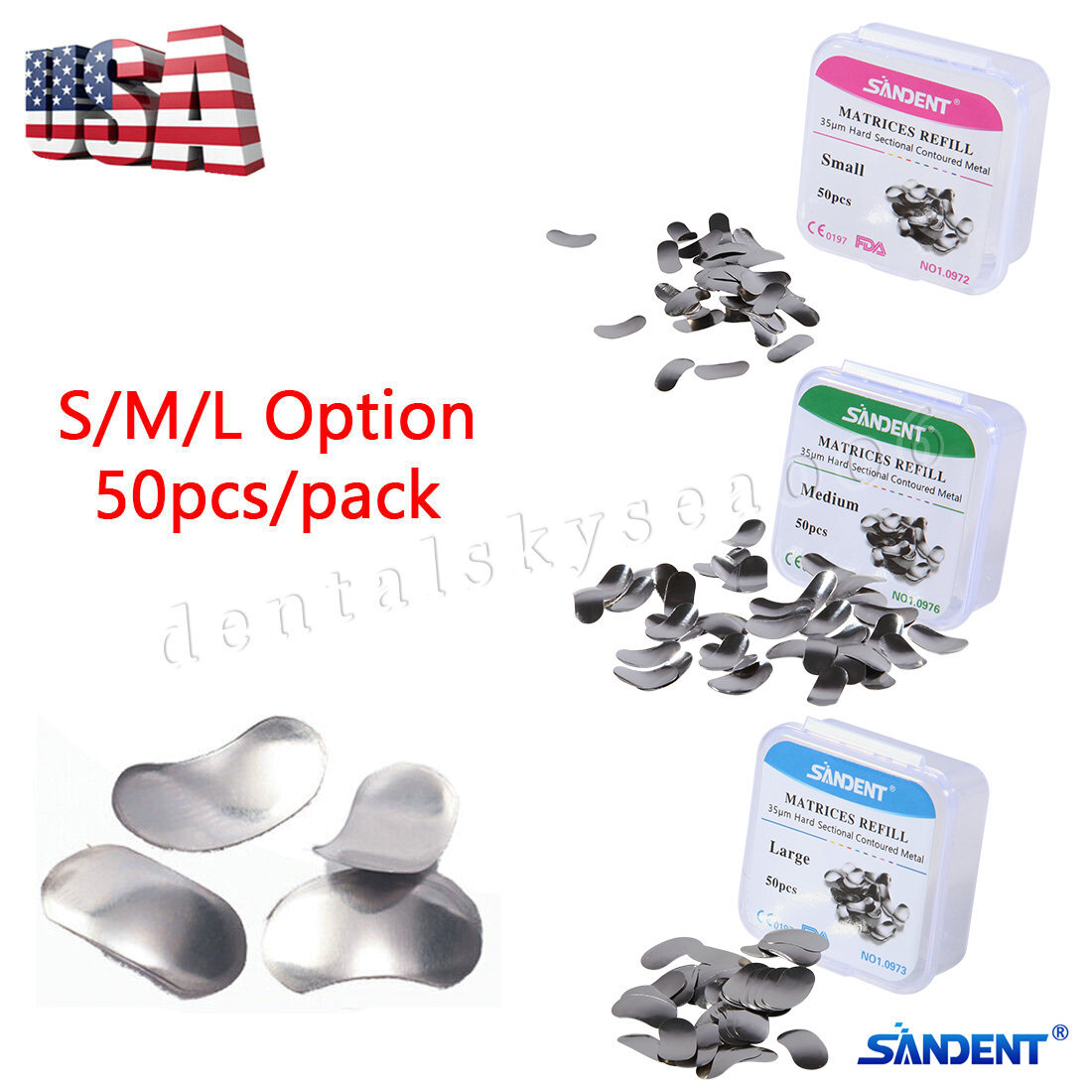 50 X Dental Metal Matrices Matrix Band Sectional Contoured Refill S/M/L 35μm