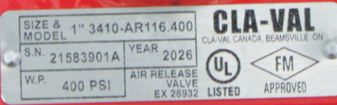 CLA-VAL 34 Series UL/FM Air Release Valve Model: 3410-AR116.3.40 P/N#21583901A